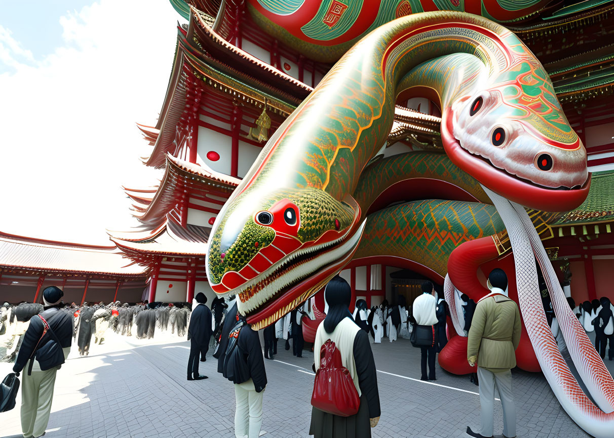 Colorful Giant Snake Over Traditional Asian Temple Crowd