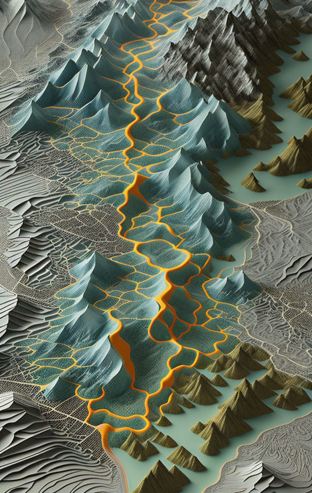 Vibrant digital artwork: aerial view of lava river in stylized landscape