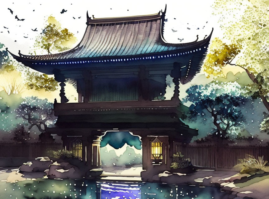 Japanese temple watercolor illustration at twilight with ornate roof reflected in tranquil pond amid lush foliage.