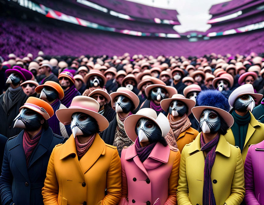 Colorful Bird-Headed Crowd in Stadium