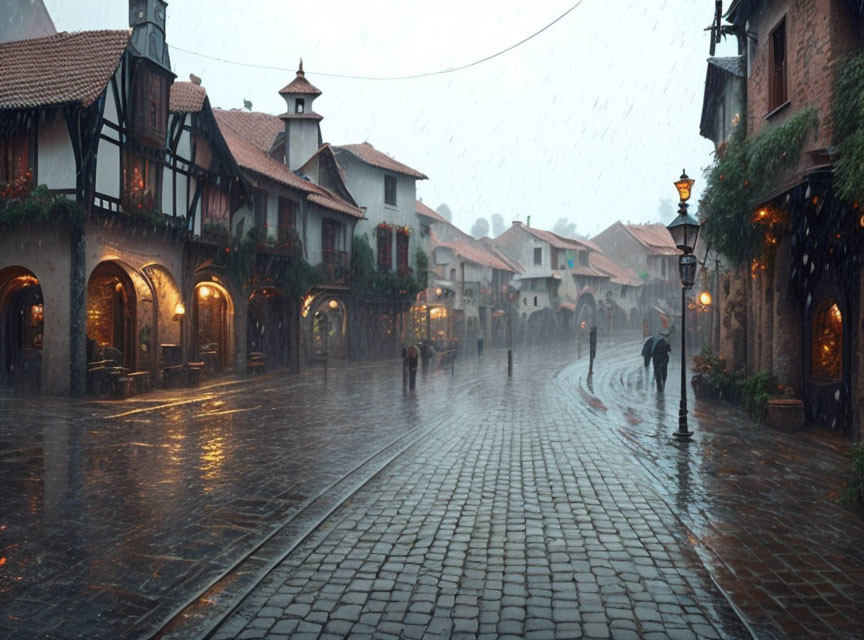 Rainy Cobblestone Street with European Buildings and Figure Holding Umbrella