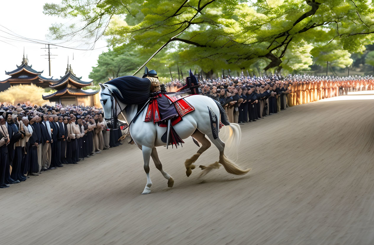 Traditional samurai armor on white horse passing historical Japanese attire row