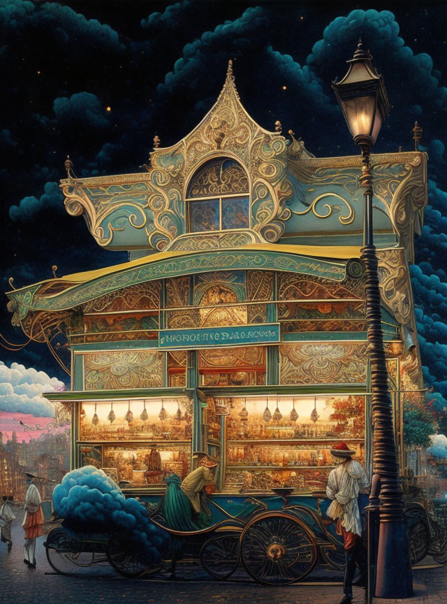 Twilight scene of ornate carousel pastry shop patrons.