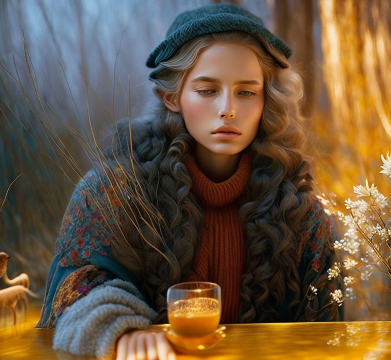 Young woman sitting outdoors with warm drink in autumn setting.