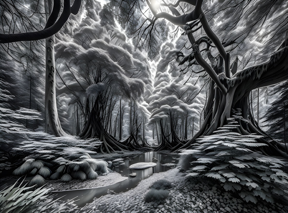 Monochrome infrared photo of surreal forest scene with twisted trees and serene waterbody