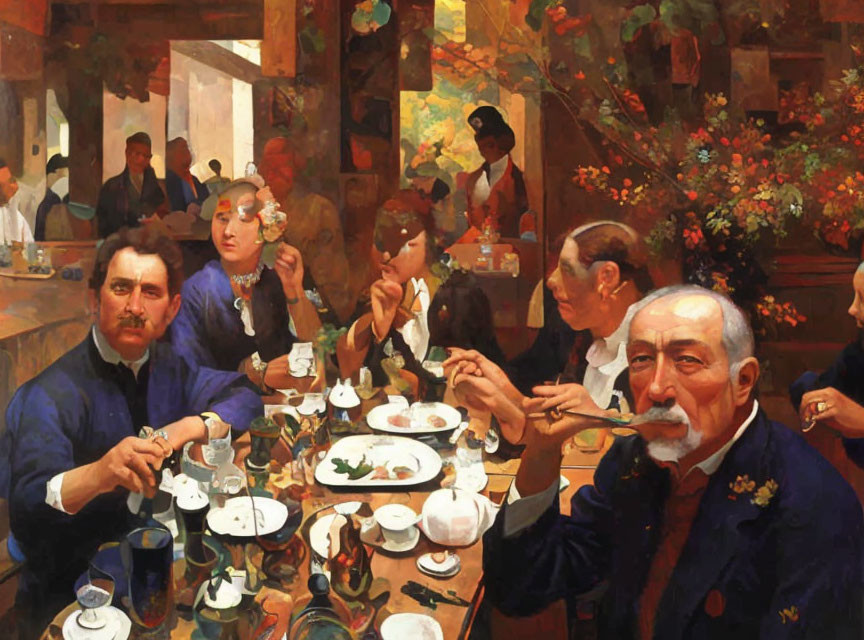 Vibrant painting of elegantly dressed diners in ornate restaurant