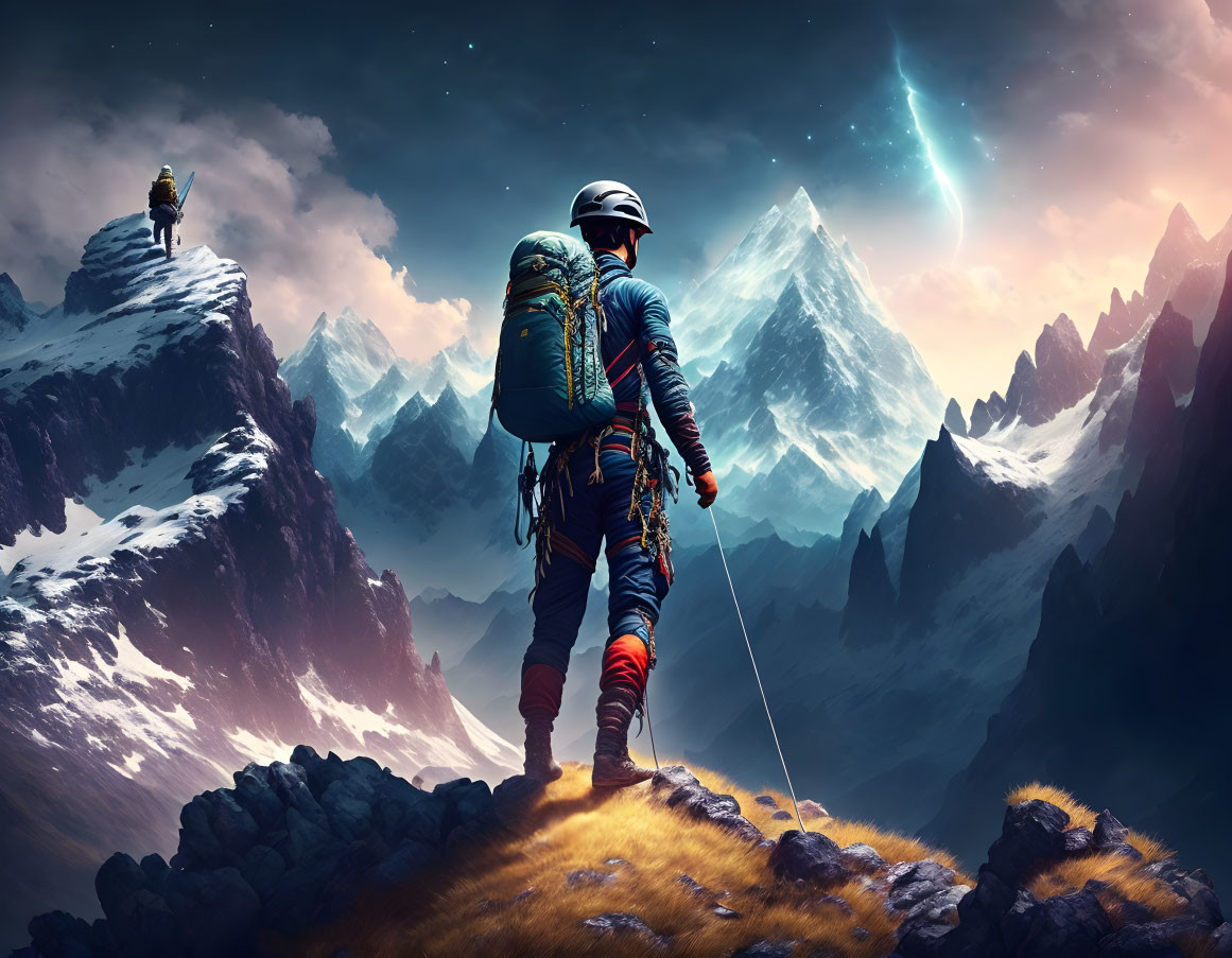 Climber in gear views surreal mountainous landscape at night