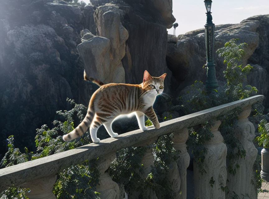 Ginger and White Cat Walking on Balustrade with Rocky Outcrops