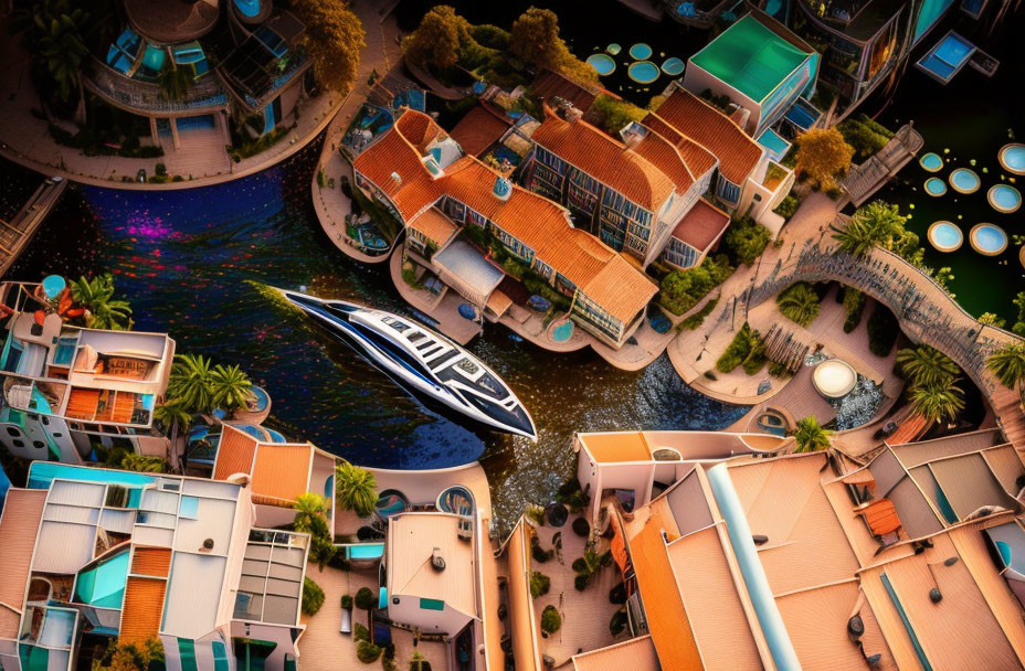 Luxury yacht in canal with upscale houses and greenery at dusk