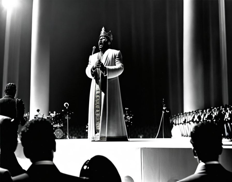 Regally dressed person on stage with microphone and trophies in background