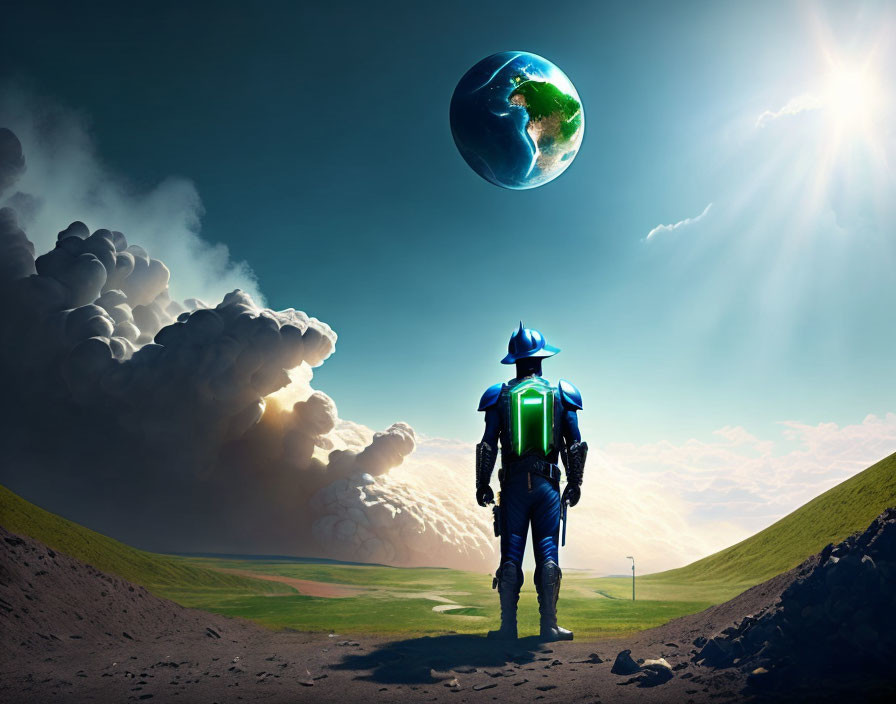 Futuristic astronaut on grassy field gazes at Earth and sun