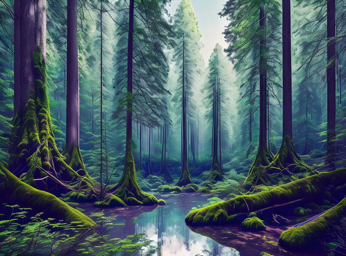 Tranquil forest scene with tall trees, mossy trunks, and misty atmosphere.