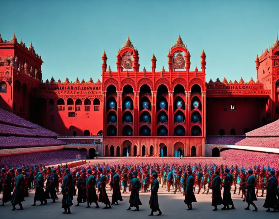 Colorful gathering outside grand ornate red and blue building with arches.