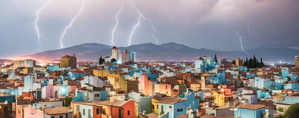 Vibrant town at night with lightning strikes and mountains