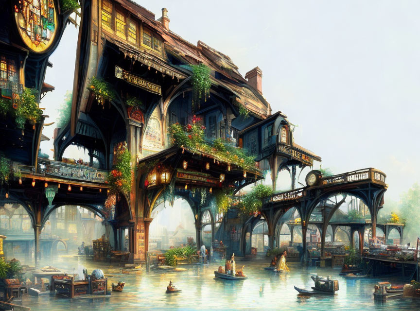 Fantastical waterside scene with ornate wooden buildings and arched bridges