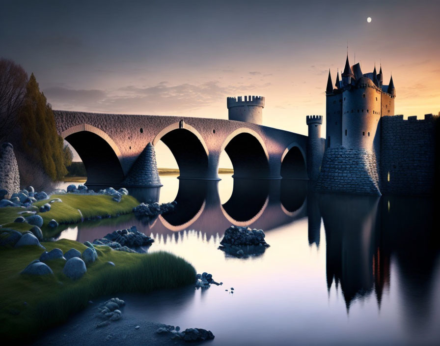 Twilight scene of medieval castle on bridge, river reflection, crescent moon