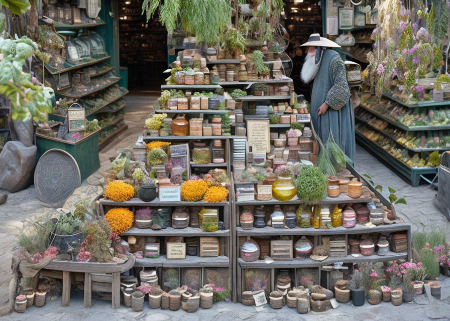 Person tending plants and products at rustic outdoor shop