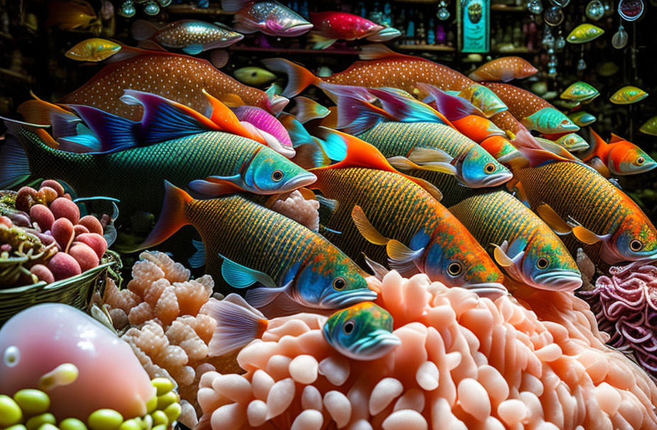 Colorful artificial fish and underwater ornaments in vibrant display