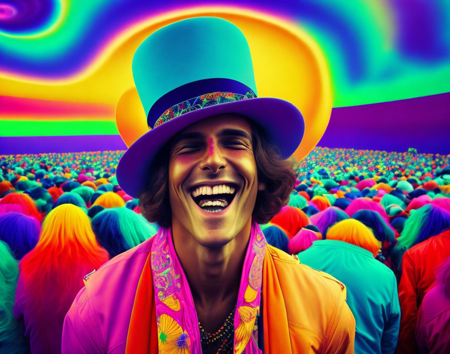 Colorful Outfit Man Laughing in Psychedelic Setting with Crowd