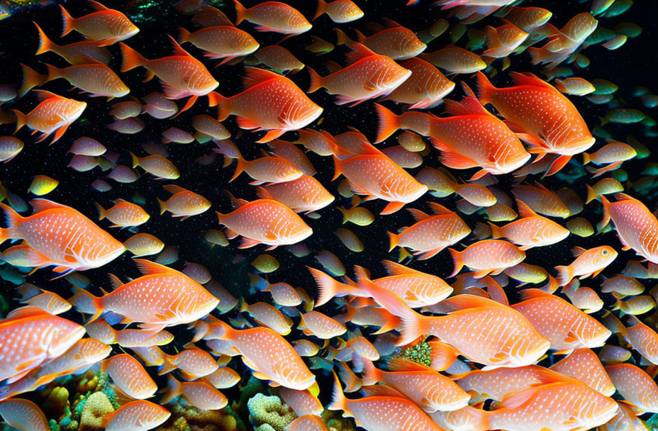 School of Orange Fish with White Stripes Swimming in Coral Reef