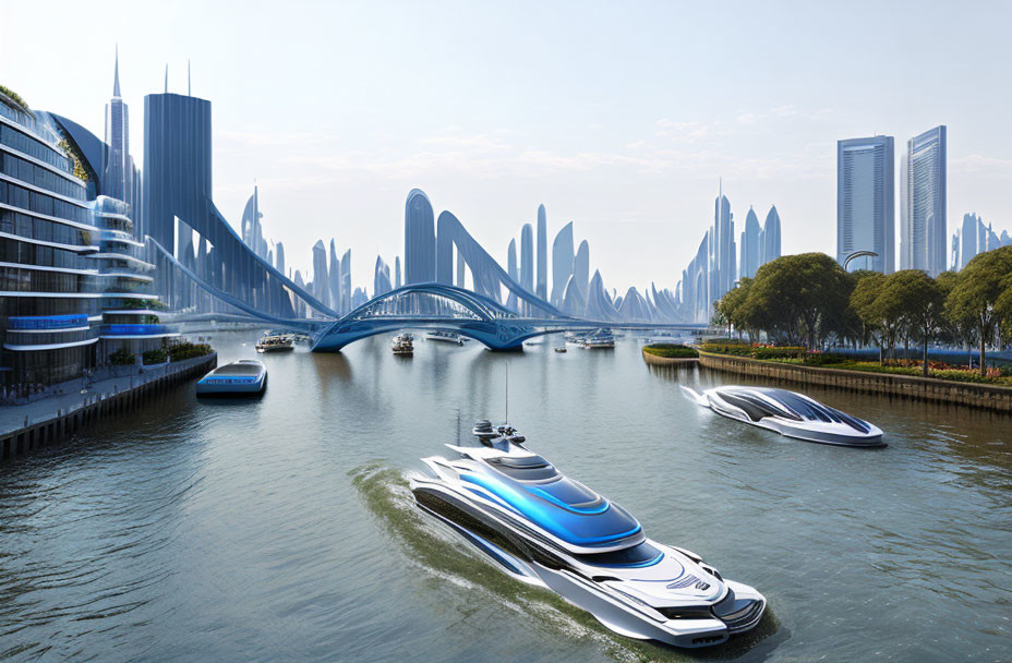 Sleek skyscrapers, innovative bridge, advanced boats in futuristic cityscape