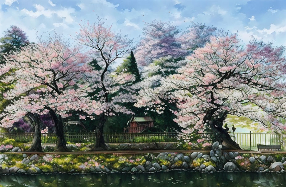 Tranquil river scene with blossoming cherry trees and wooden hut