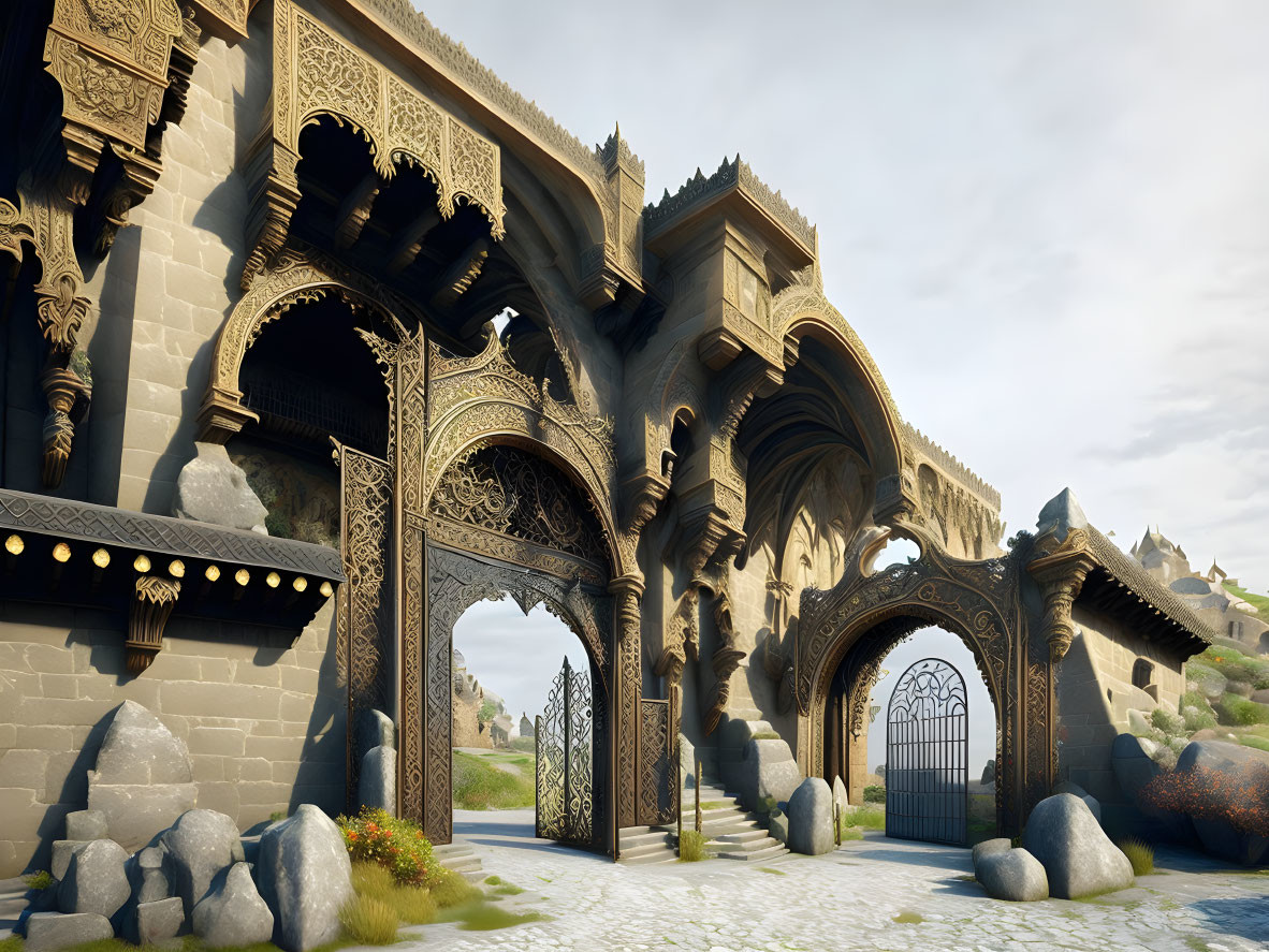 Ornate Stone Archway in Fantasy Setting with Clear Skies