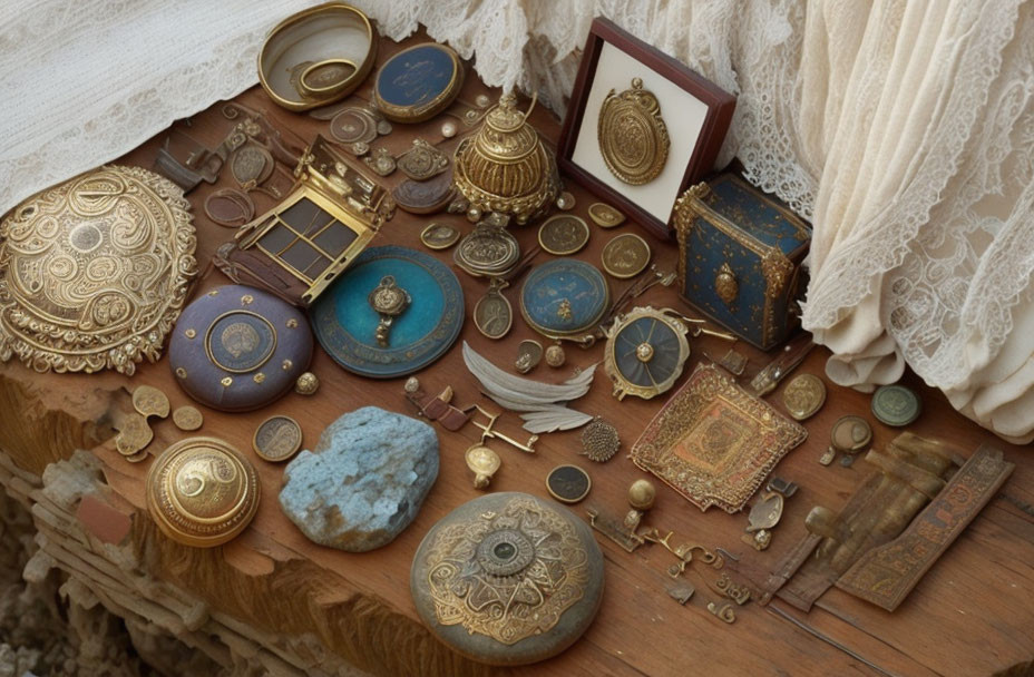 Vintage Jewelry Boxes, Pocket Watches & Metalwork on Wooden Surface