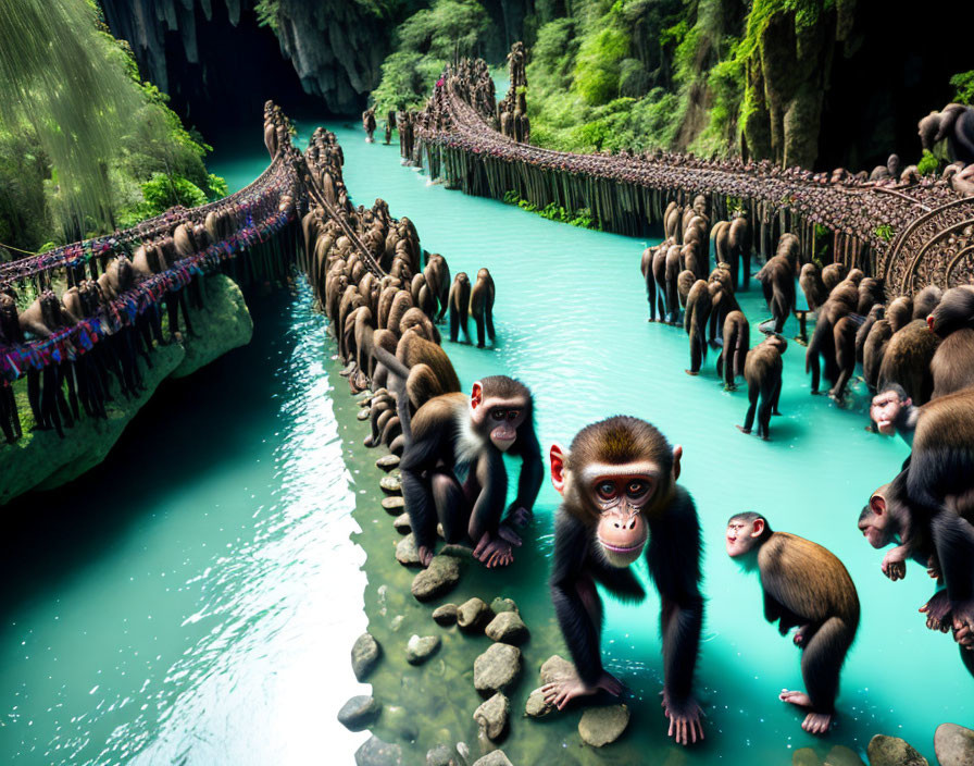 Fantasy scene: Monkeys in lush canyon with turquoise river