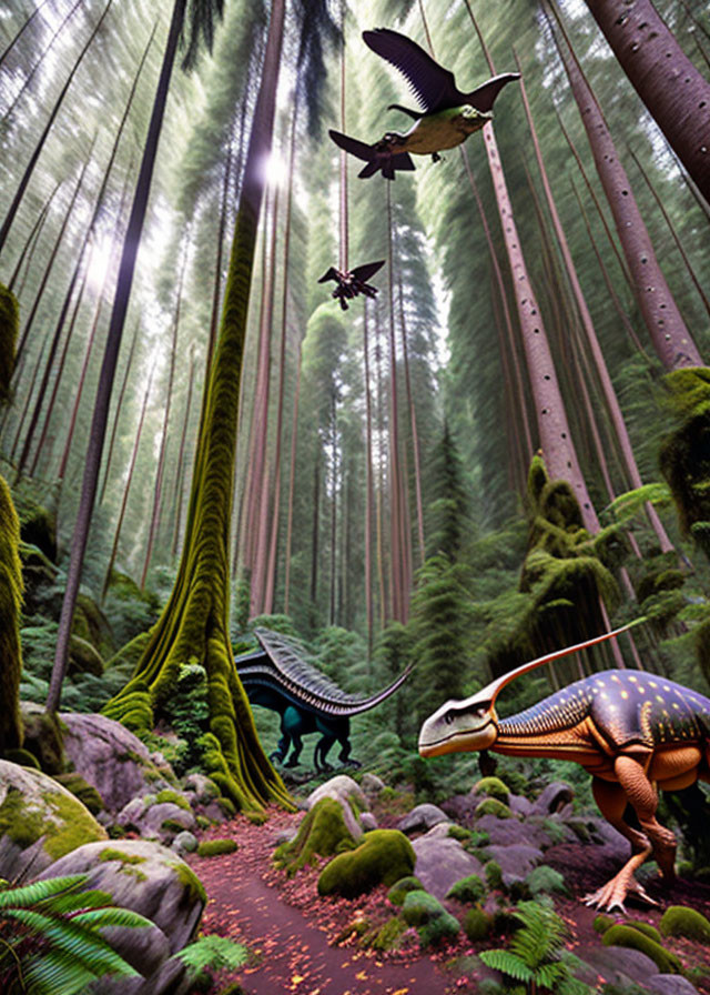 Lush forest scene with tall trees, sunlight, leaves-covered path, and roaming dinosaurs.