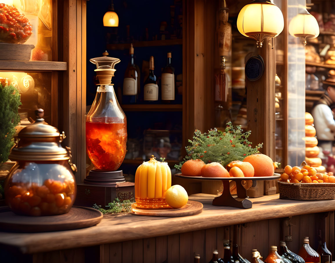 Vintage Shop Display Featuring Golden-Orange Preserves, Fruits, Herbs, and Beverages