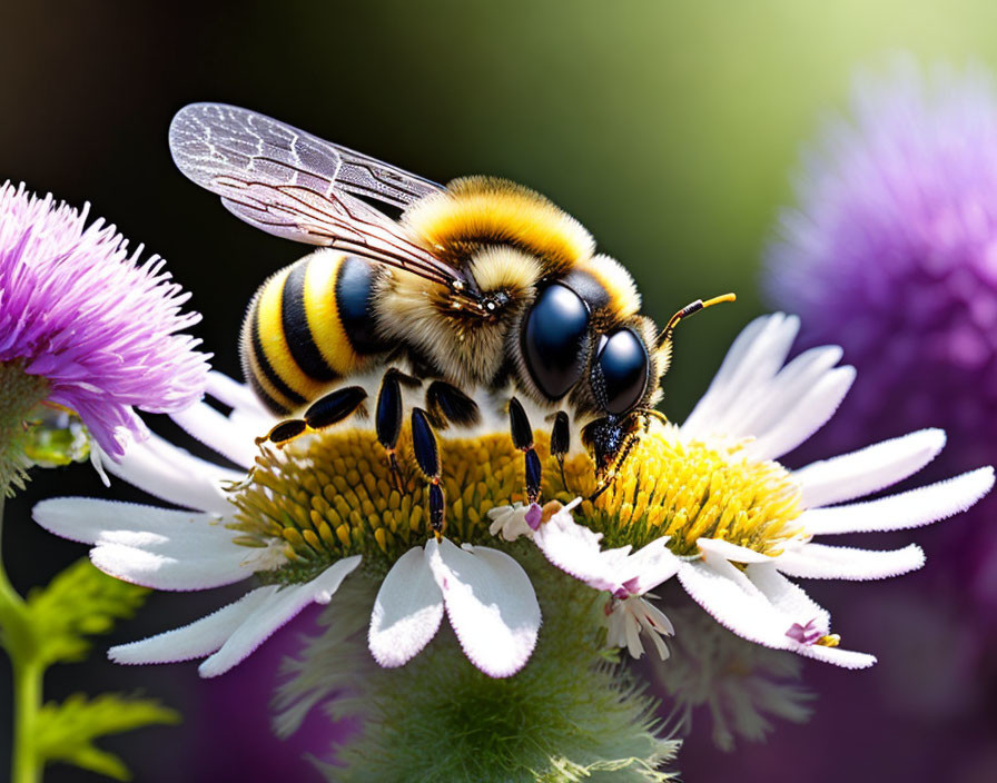 Bee collecting nectar on white and yellow flower with purple blooms