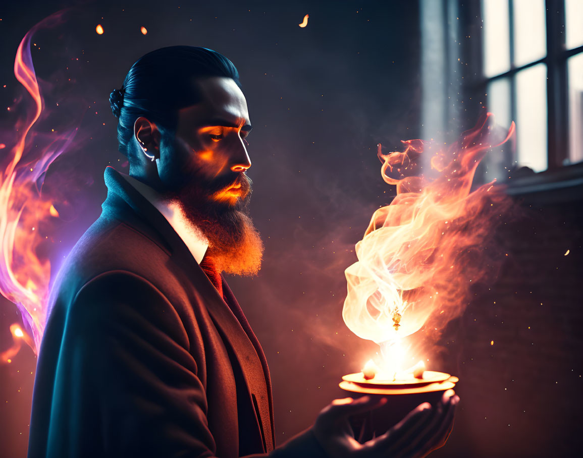 Bearded man in suit summons flaming bird in mystical setting