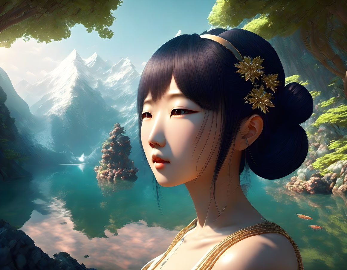 Digital artwork of woman with traditional hairstyle and golden accessories in serene nature setting.