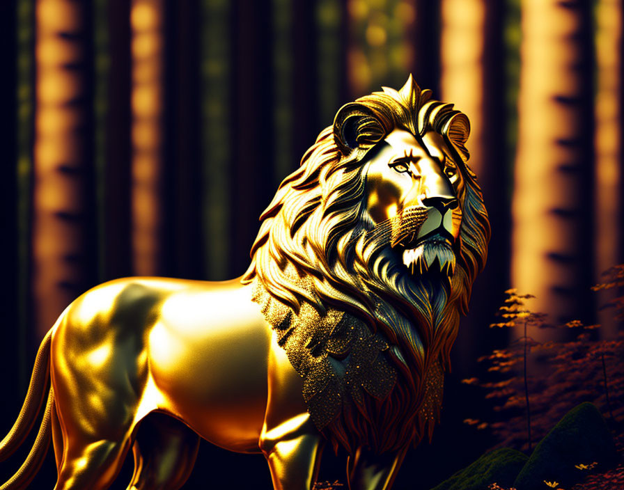 Golden lion with flowing mane in forest with tall trees and warm light