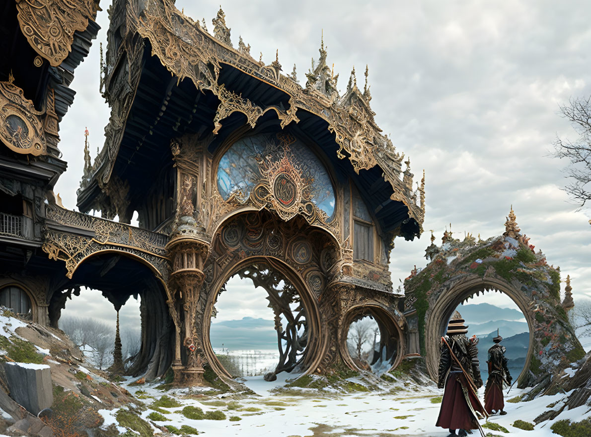 Elaborate fantasy structure with ornate arches and figures in historical clothing