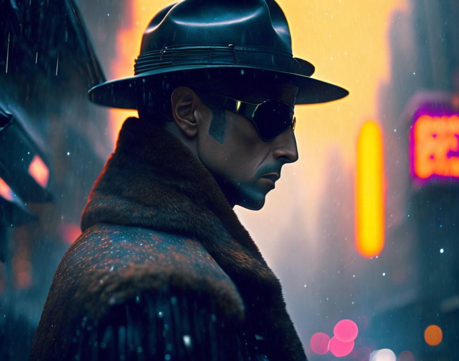 Stylized man in hat and sunglasses in rain against neon cityscape