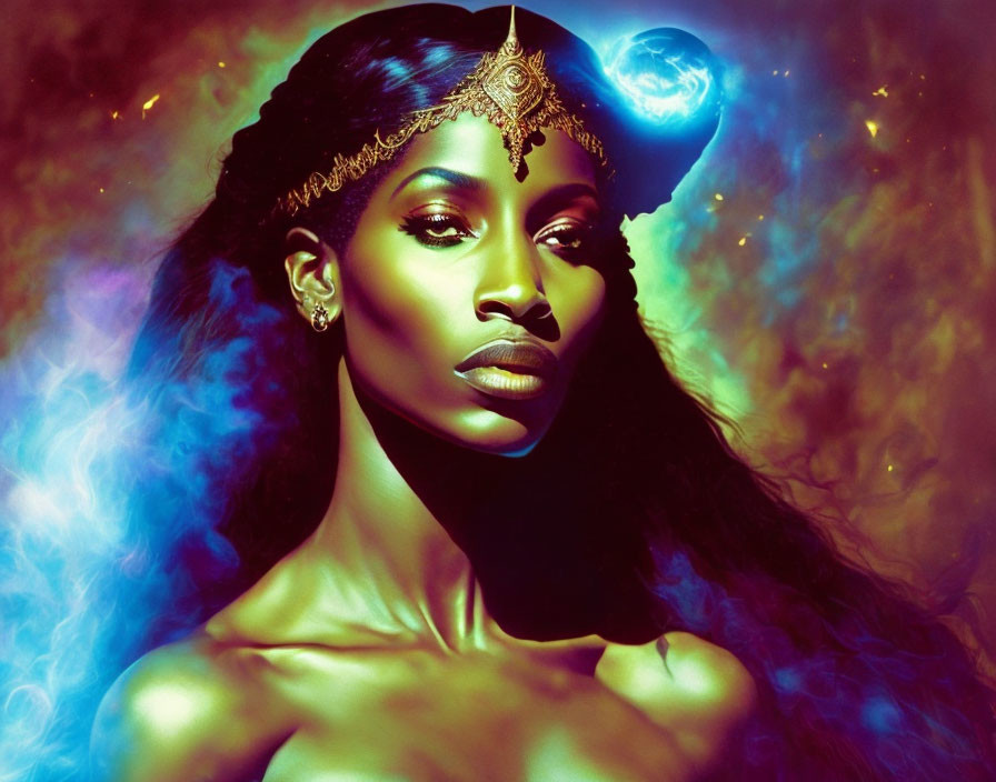 Ethereal woman with headpiece in cosmic blue and gold.