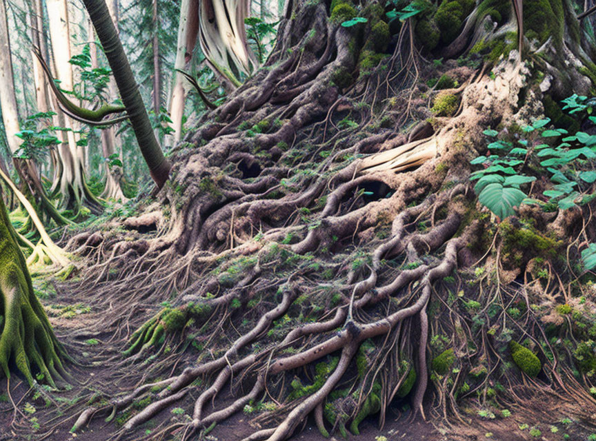 Lush woodland setting with intricate exposed tree roots