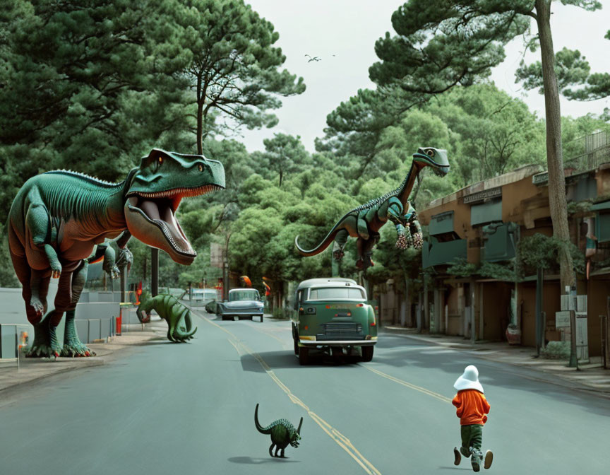 Child in hat runs towards vintage van in street with realistic dinosaurs and pine trees.