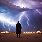 Armored knight under dramatic lightning-filled sky