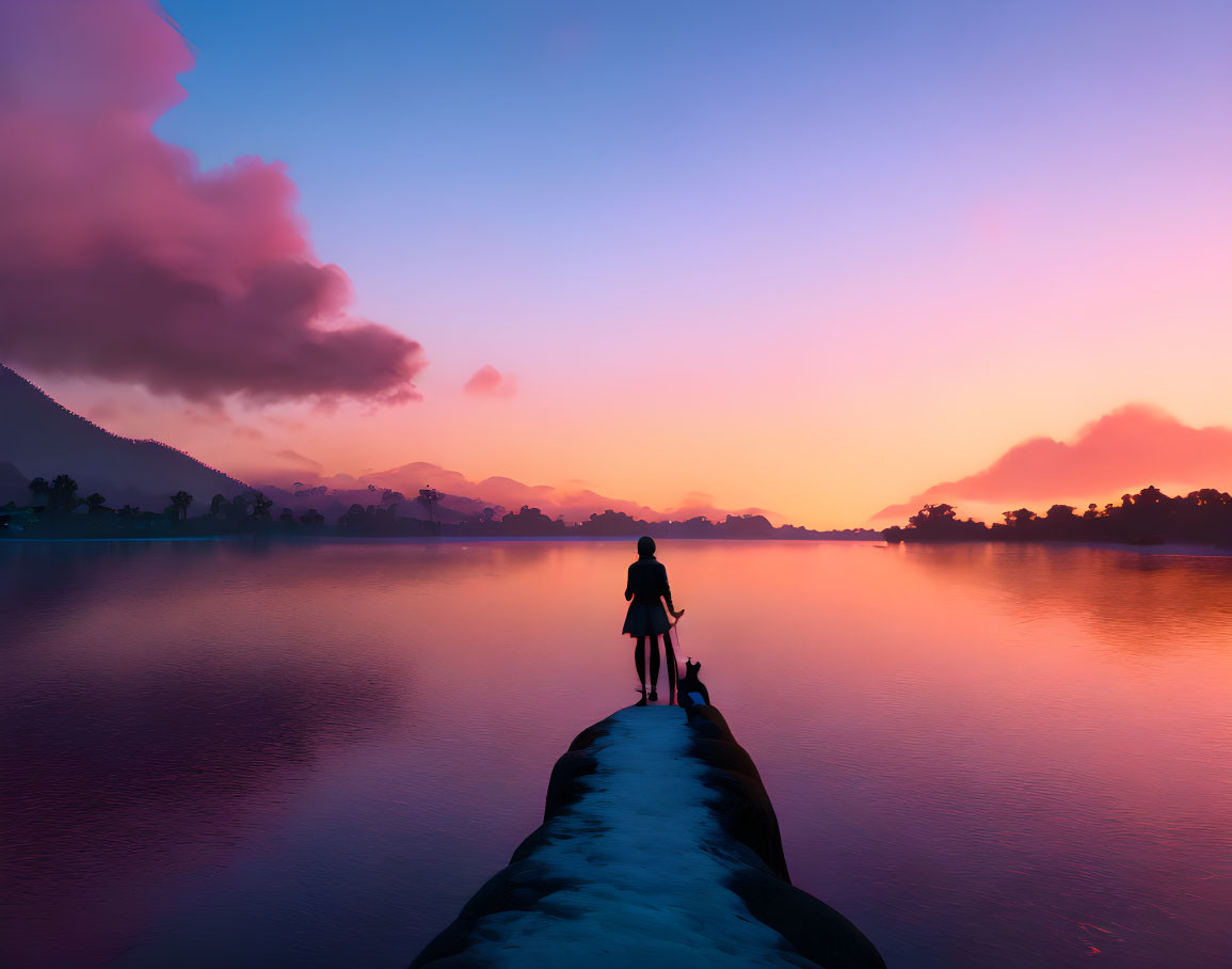 Person and dog on narrow path at sunrise by tranquil waters and mountains