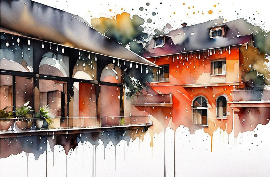 Vibrant watercolor painting of a two-story orange house with balconies