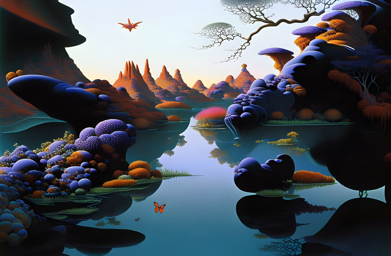 Tranquil fantasy landscape with vibrant flora and butterflies