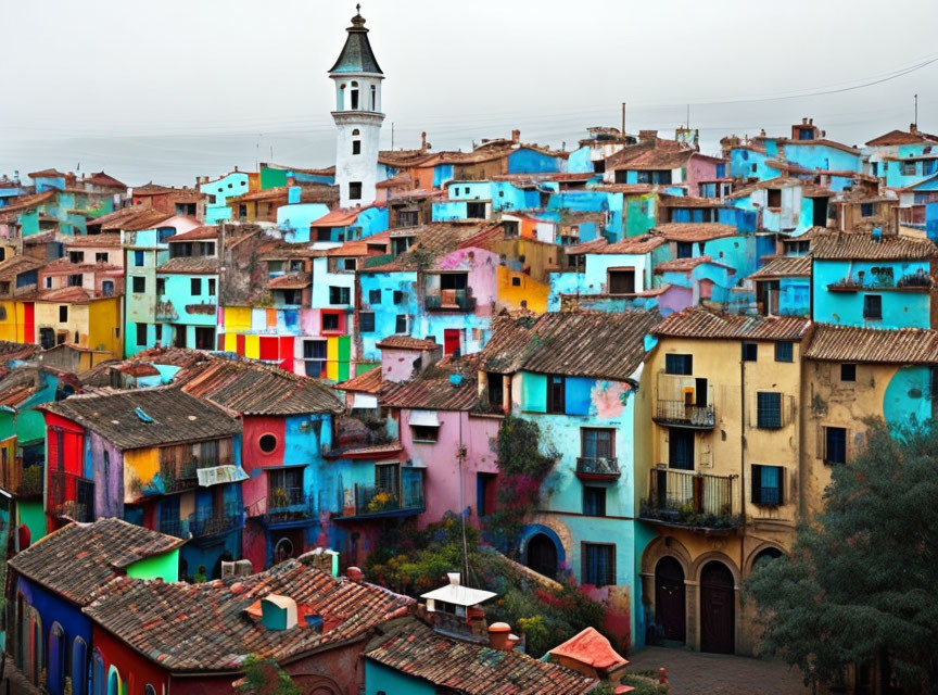 Colorful Townscape with White Church Spire and Hazy Sky