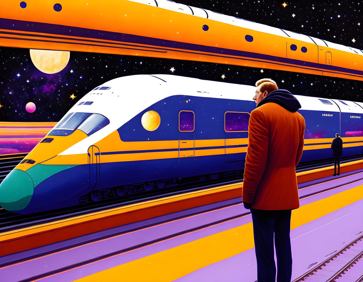 Person in Red Coat Watching Futuristic Train on Platform