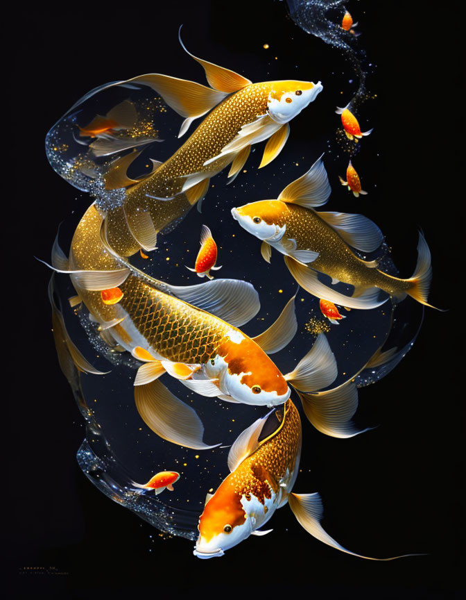 Elegant koi fish with intricate patterns in dark background