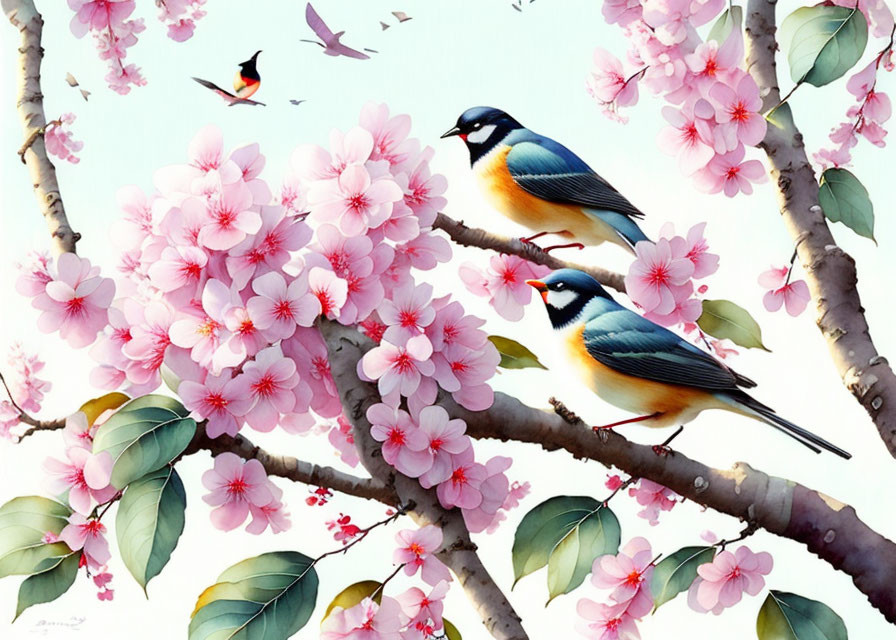 Colorful Birds on Branches with Pink Flowers and Flying Bird