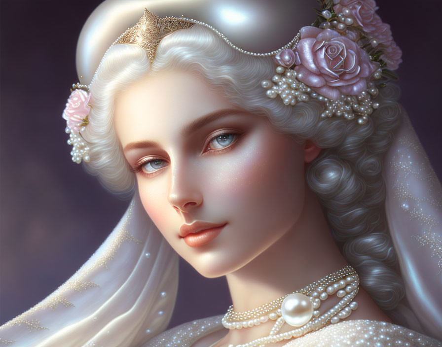 Illustration: Woman with pearl-white hair, blue eyes, tiara, and roses, emanating