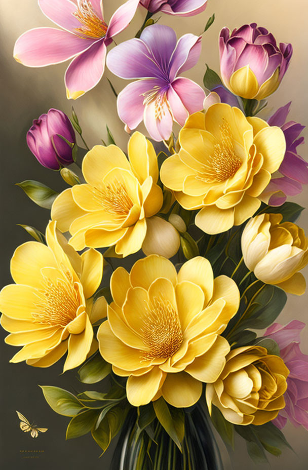 Yellow and Purple Flower Bouquet with Butterfly on Soft Background